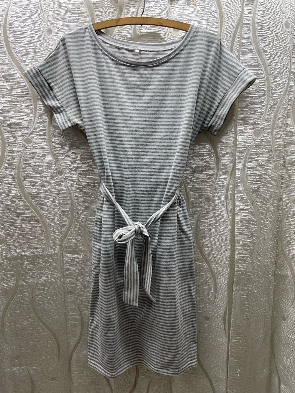 Striped T-Shirt Dress Womens L Grey White‎ Excellent Tie Waist Pockets